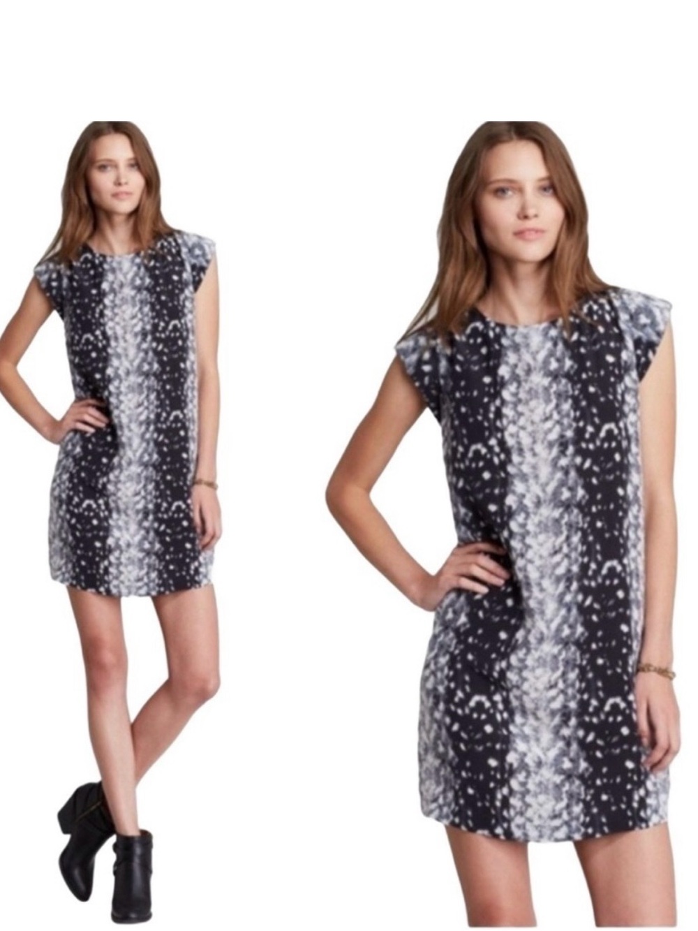 Joie Silk Weaver Mini Shift Black and White Printed Cap-Sleeve Dress